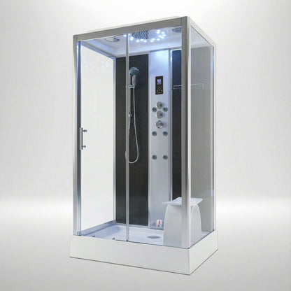 Platinum steam shower 1150x850mm chrome frame with black carbon back wall