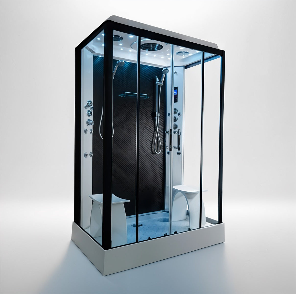 Platinum twin steam shower 1400x900mm black frame with black carbon back wall