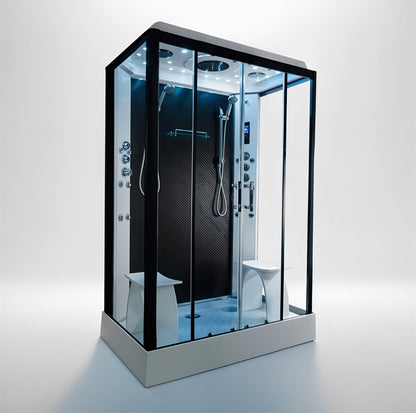 Platinum twin steam shower 1400x900mm black frame with black carbon back wall