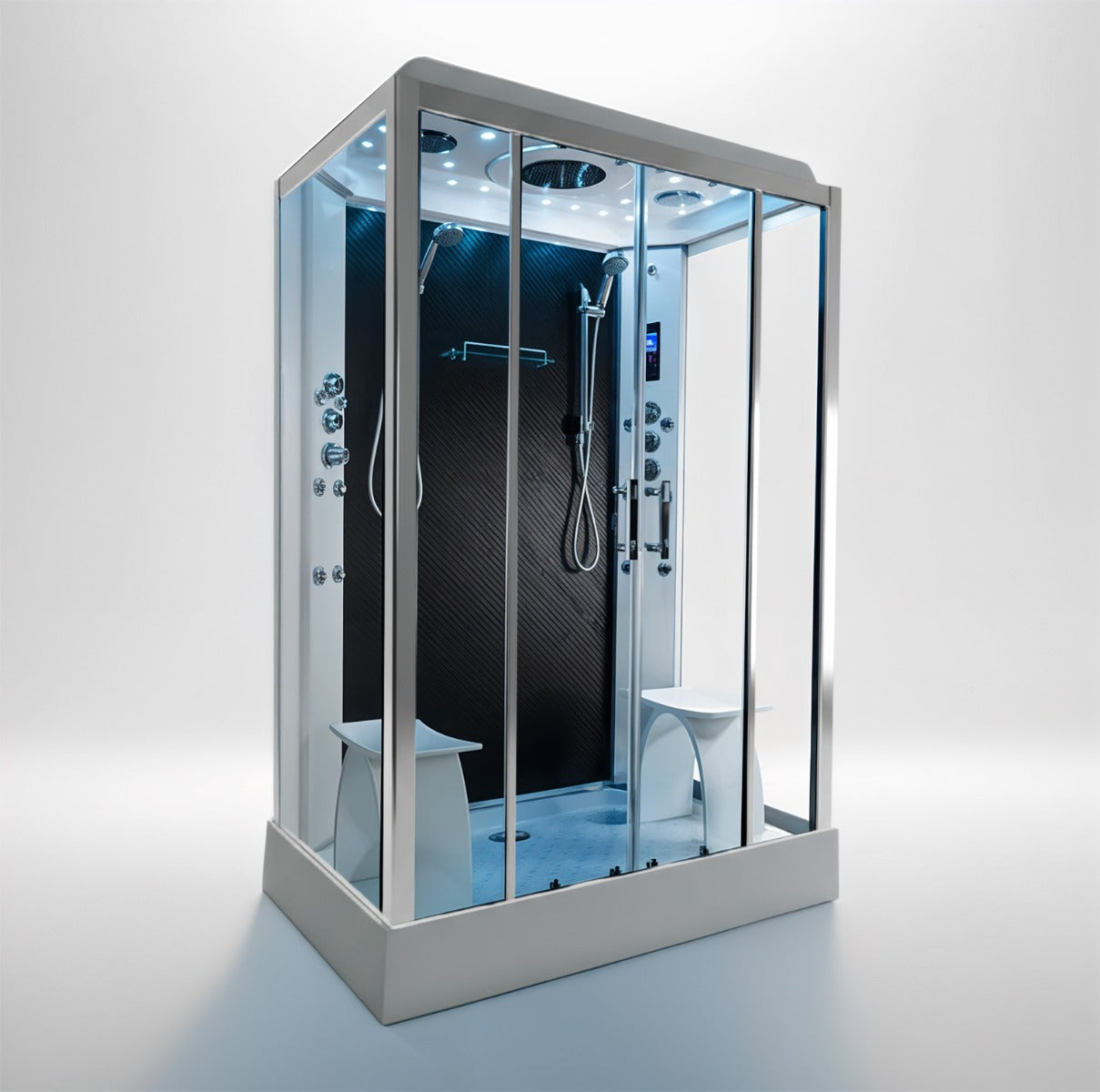 Platinum twin steam shower 1400x900mm chrome frame with black carbon back wall