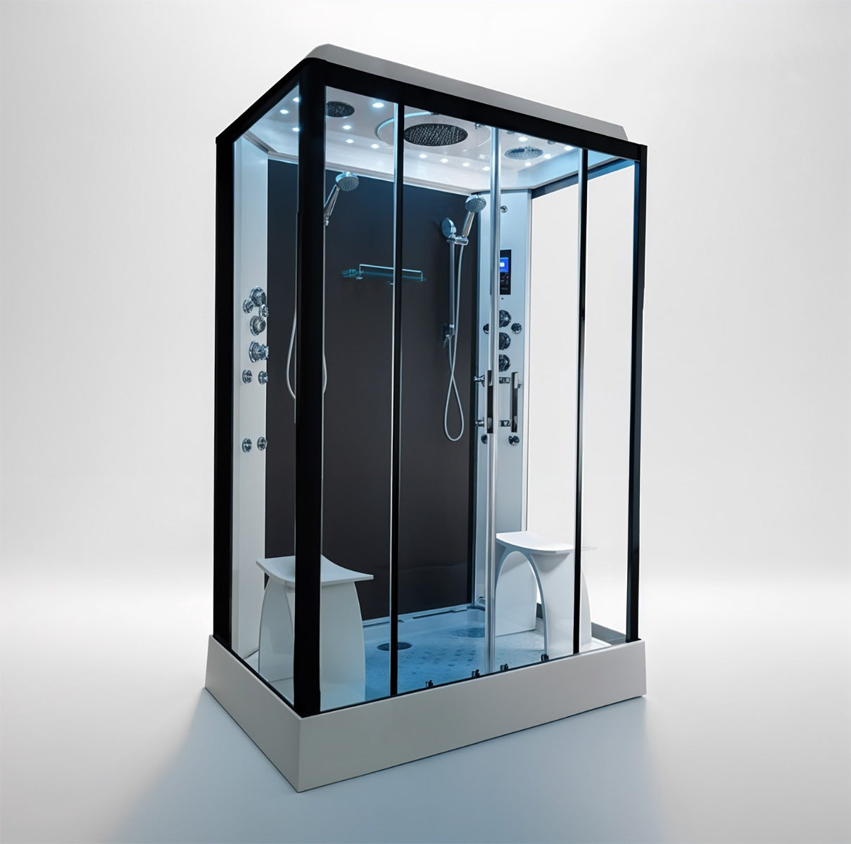 Platinum twin steam shower 1400x900mm black frame with black matte back wall