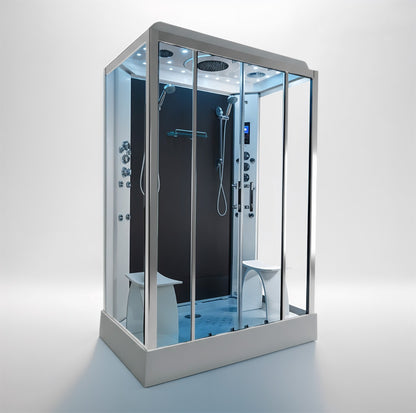 Platinum twin steam shower 1400x900mm chrome frame with black matte back wall