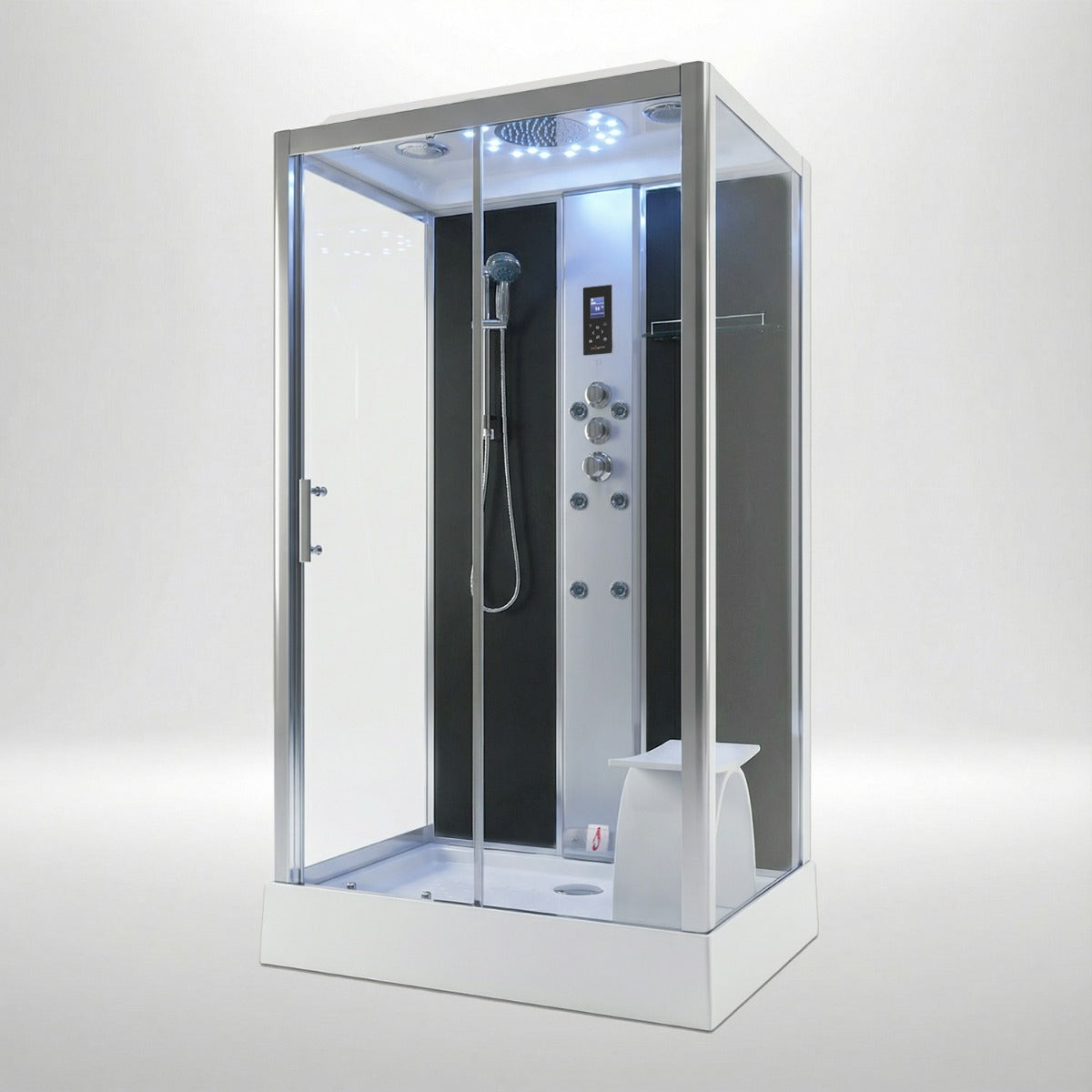 Platinum steam shower 1150x850mm chrome frame with black matte back wall