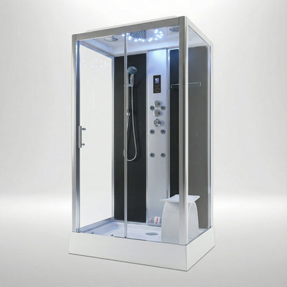 Platinum steam shower 1150x850mm chrome frame with black matte back wall