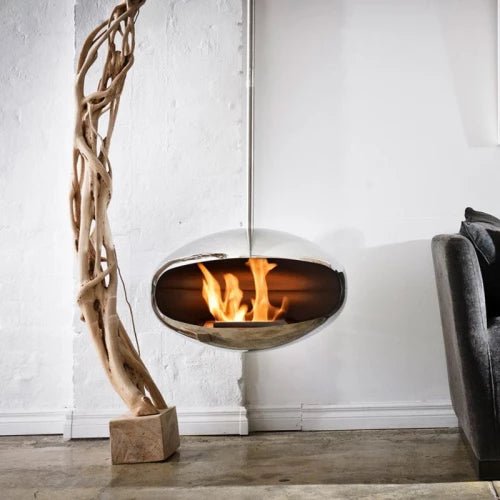 Cocoon Aeris Smokeless Bioethanol Fire Polished Steel with Steel Pole - Nuovo Luxury - Ceiling - mounted Fireplace