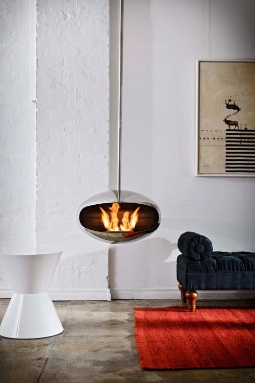 Cocoon Aeris Smokeless Bioethanol Fire Polished Steel with Steel Pole - Nuovo Luxury - Ceiling - mounted Fireplace