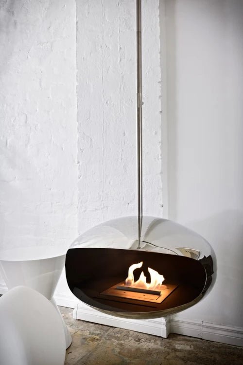 Cocoon Aeris Smokeless Bioethanol Fire Polished Steel with Steel Pole - Nuovo Luxury - Ceiling - mounted Fireplace