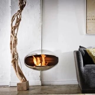 Cocoon Aeris Smokeless Bioethanol Fire Polished Steel with Steel Pole - Nuovo Luxury - Ceiling - mounted Fireplace