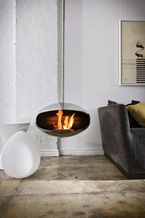 Cocoon Aeris Smokeless Bioethanol Fire Polished Steel with Steel Pole - Nuovo Luxury - Ceiling - mounted Fireplace