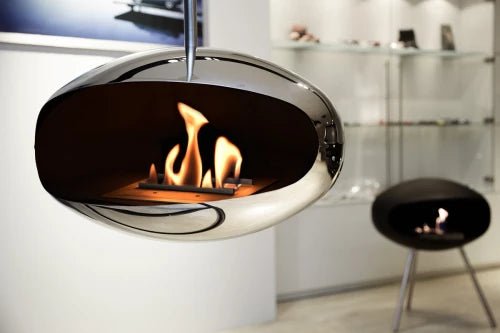 Cocoon Aeris Smokeless Bioethanol Fire Polished Steel with Steel Pole - Nuovo Luxury - Ceiling - mounted Fireplace