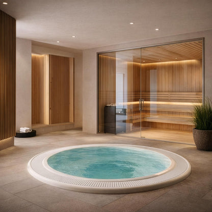 Chill Tubs Halo installed in a wellness suite with sauna