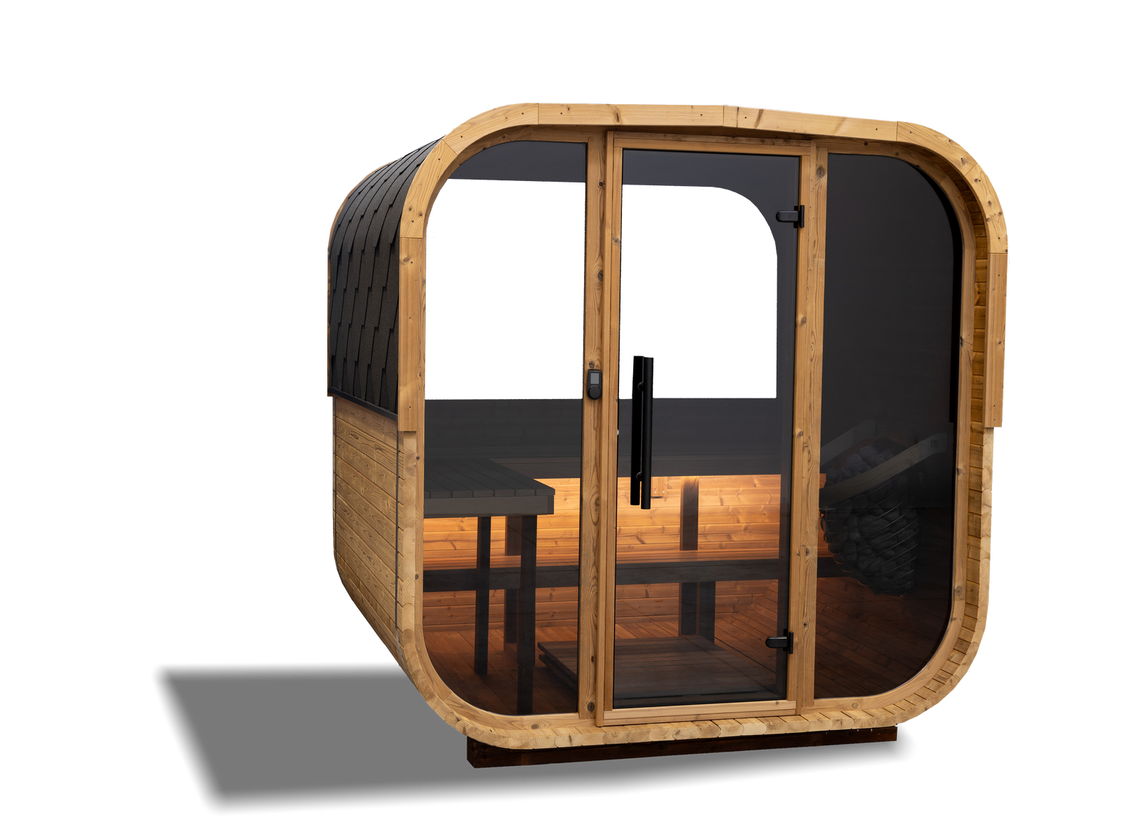 HANSCRAFT Quadra X sauna front and side view showing the rounded square cabin shape
