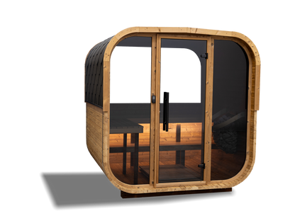 HANSCRAFT Quadra X sauna front and side view showing the rounded square cabin shape