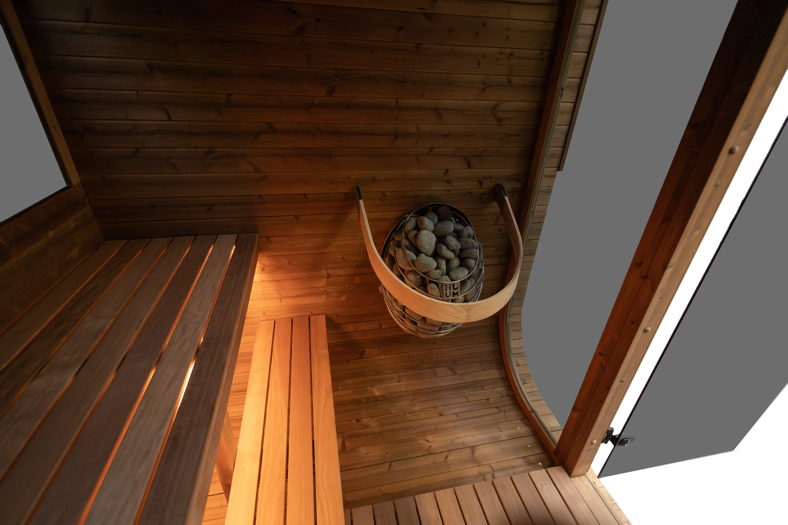 HANSCRAFT Quadra X sauna interior with thermo aspen benches and LED lighting