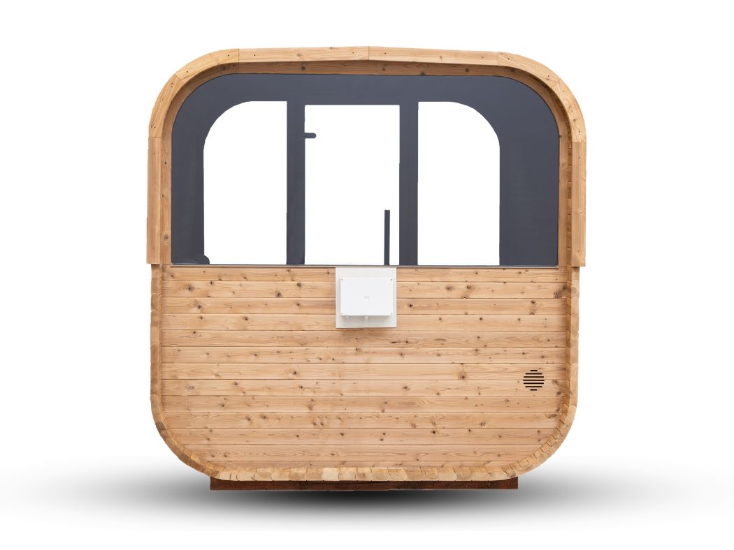 Rear view of the HANSCRAFT Quadra X outdoor sauna showing the back wall