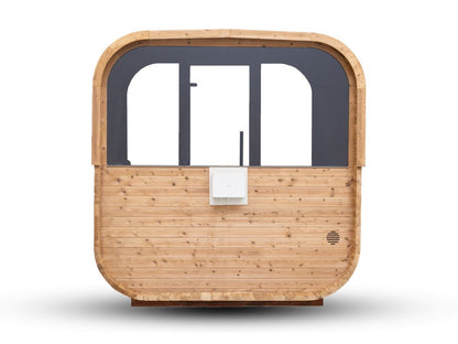 Rear view of the HANSCRAFT Quadra X outdoor sauna showing the back wall