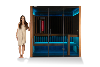 OKA Fusion Synergy 3 sauna interior showing double bench and infrared panel cladding