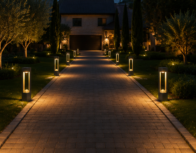 Garden bollard light casting a wide 120 degree wash of light across a pathway