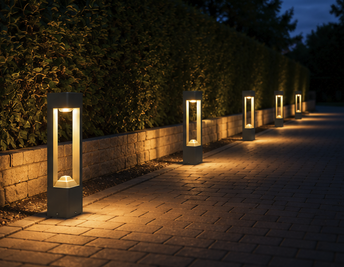 Garden bollard lights lining a driveway edge in the evening