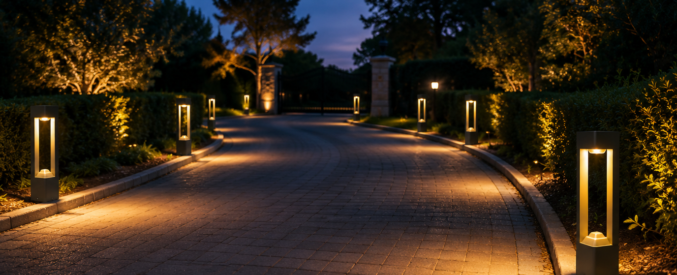 Outdoor LED bollard pathway light installed in a landscaped garden