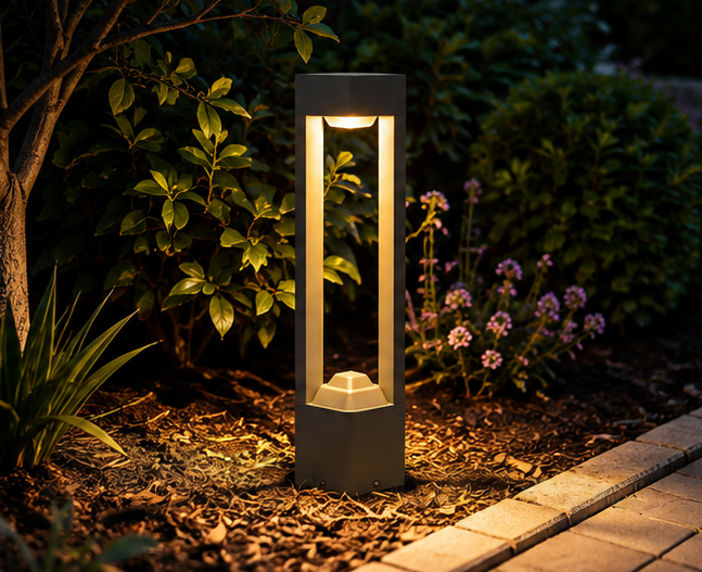 Garden bollard light lighting a lawn and border edge after dark