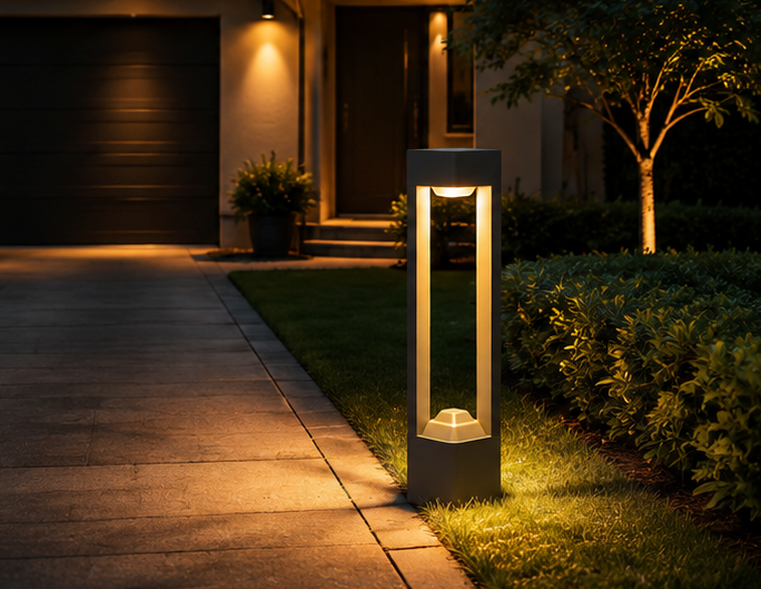 Garden bollard light shown installed along an outdoor path