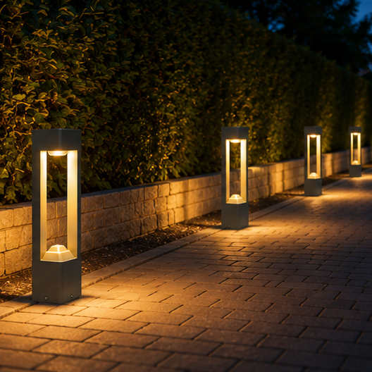 A row of modern rectangular garden bollard lights glowing on a paved walkway beside a stone planter and green hedges at dusk