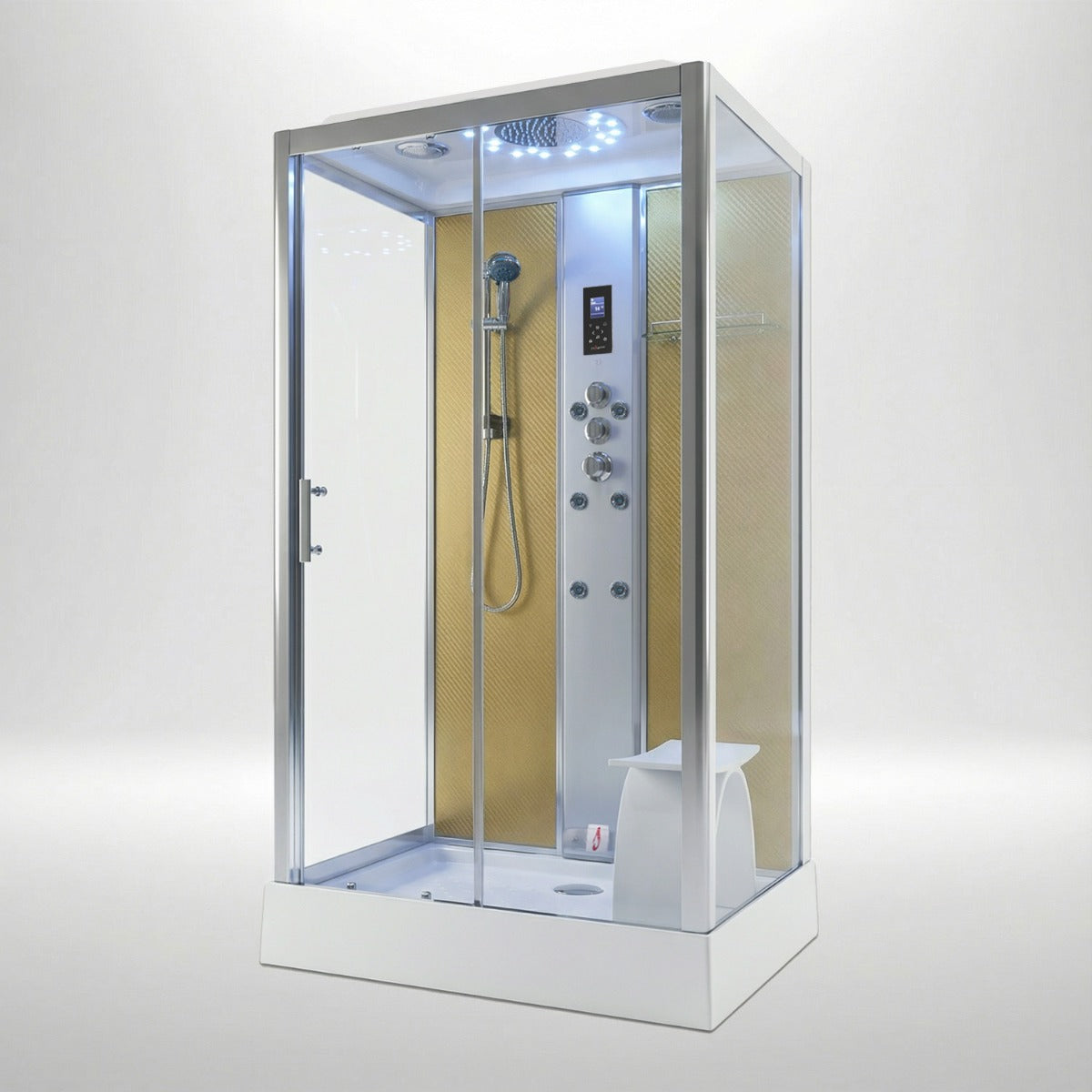 Platinum steam shower 1050x850mm chrome frame with gold carbon back wall