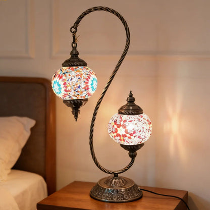 Gemelli double-head Turkish mosaic table lamp with twin coloured glass shades on a bronze finished base