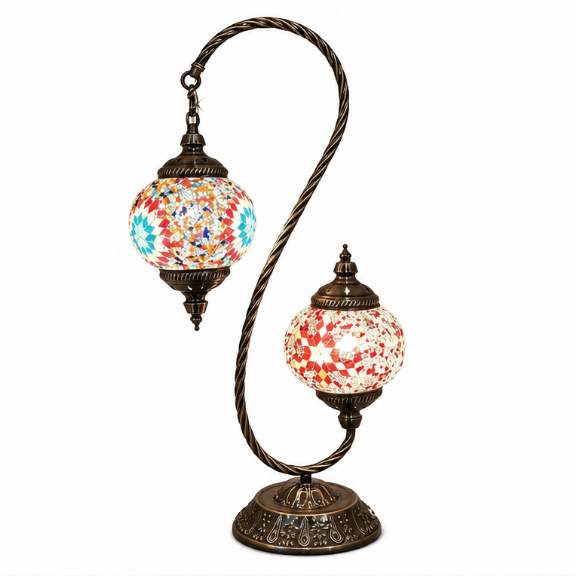 Gemelli double-head Turkish mosaic table lamp with a twisted bronze frame and two mosaic glass shades in a floral pattern