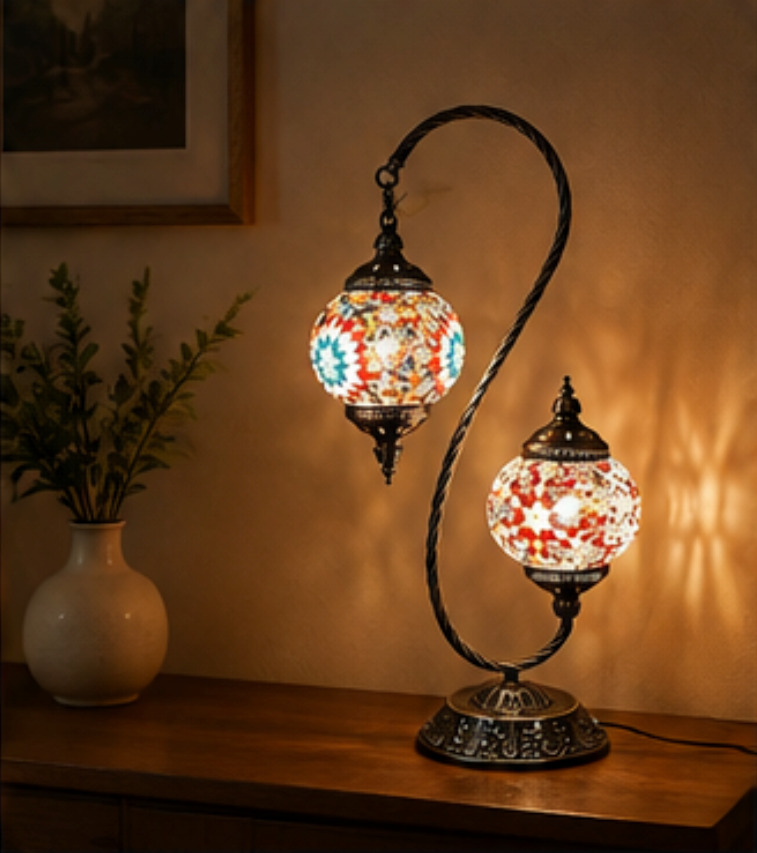 Gemelli double-head Turkish mosaic table lamp shown from an alternative angle, showing both mosaic glass shades
