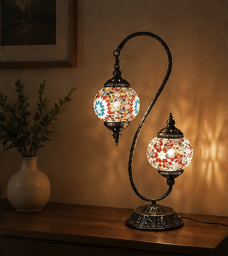 Gemelli double-head Turkish mosaic table lamp shown from an alternative angle, showing both mosaic glass shades