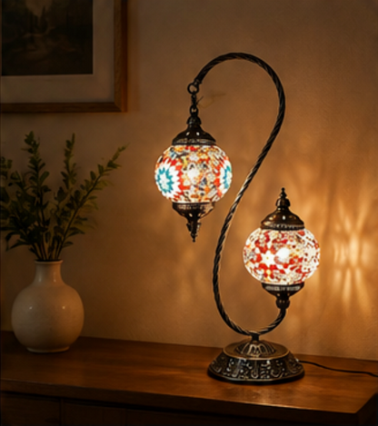 Gemelli double-head Turkish mosaic table lamp shown from an alternative angle, showing both mosaic glass shades