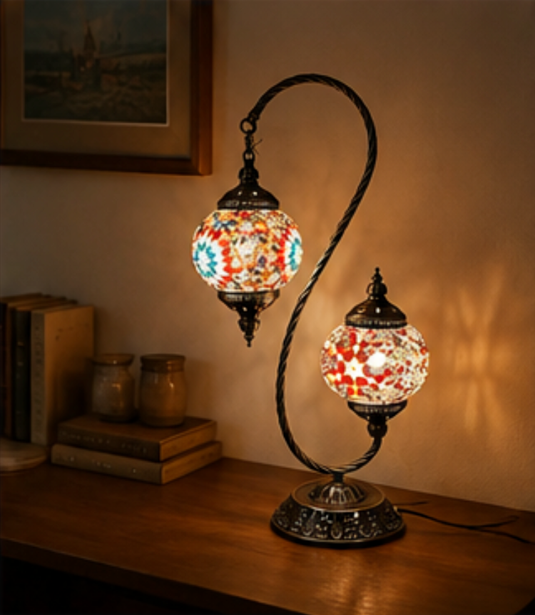 Gemelli twin-shade Turkish mosaic table lamp styled in a warm interior setting