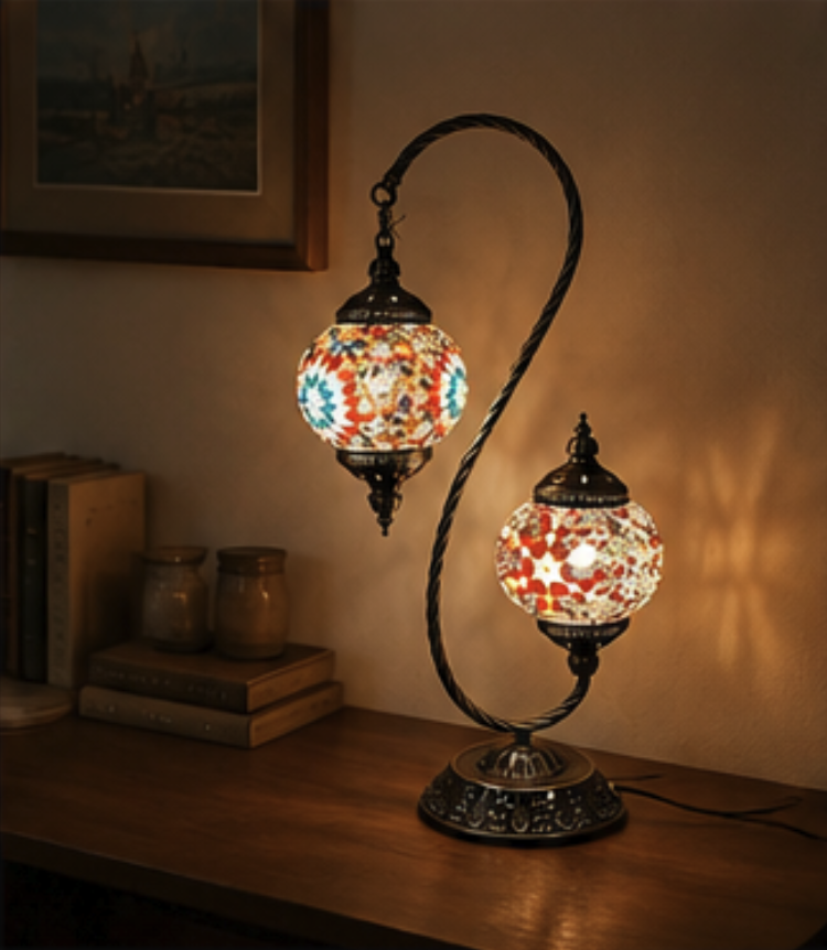 Gemelli twin-shade Turkish mosaic table lamp styled in a warm interior setting