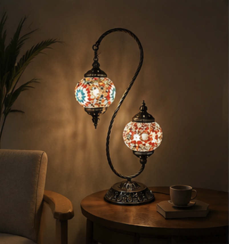 Gemelli double-head mosaic table lamp, detail of the coloured glass shade and twisted bronze arm