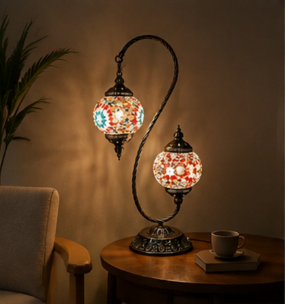 Gemelli double-head mosaic table lamp, detail of the coloured glass shade and twisted bronze arm