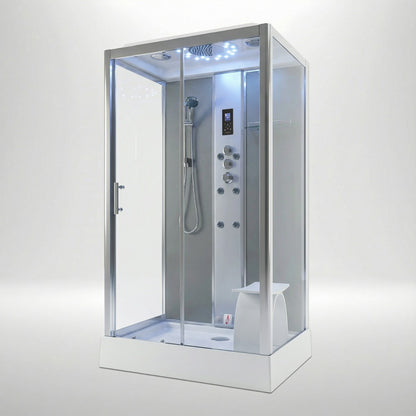 Platinum steam shower 1150x850mm chrome frame with grey matte back wall