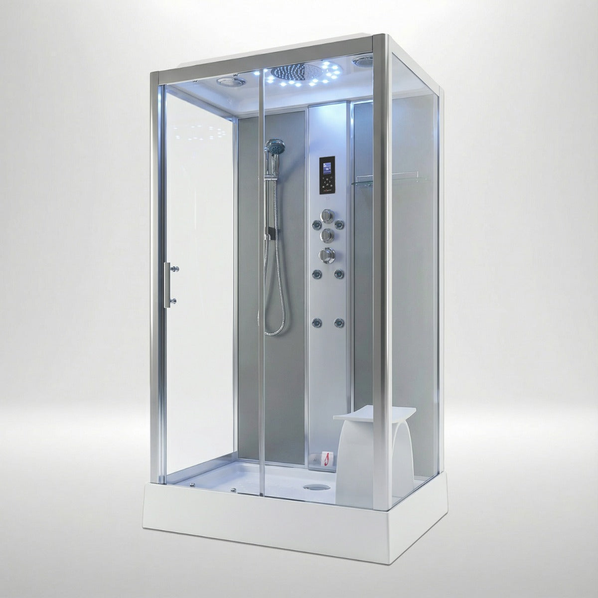 Platinum steam shower 1050x850mm chrome frame with grey matte back wall