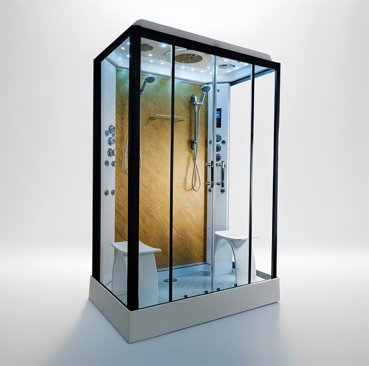 Platinum twin steam shower 1400x900mm black frame with gold carbon back wall