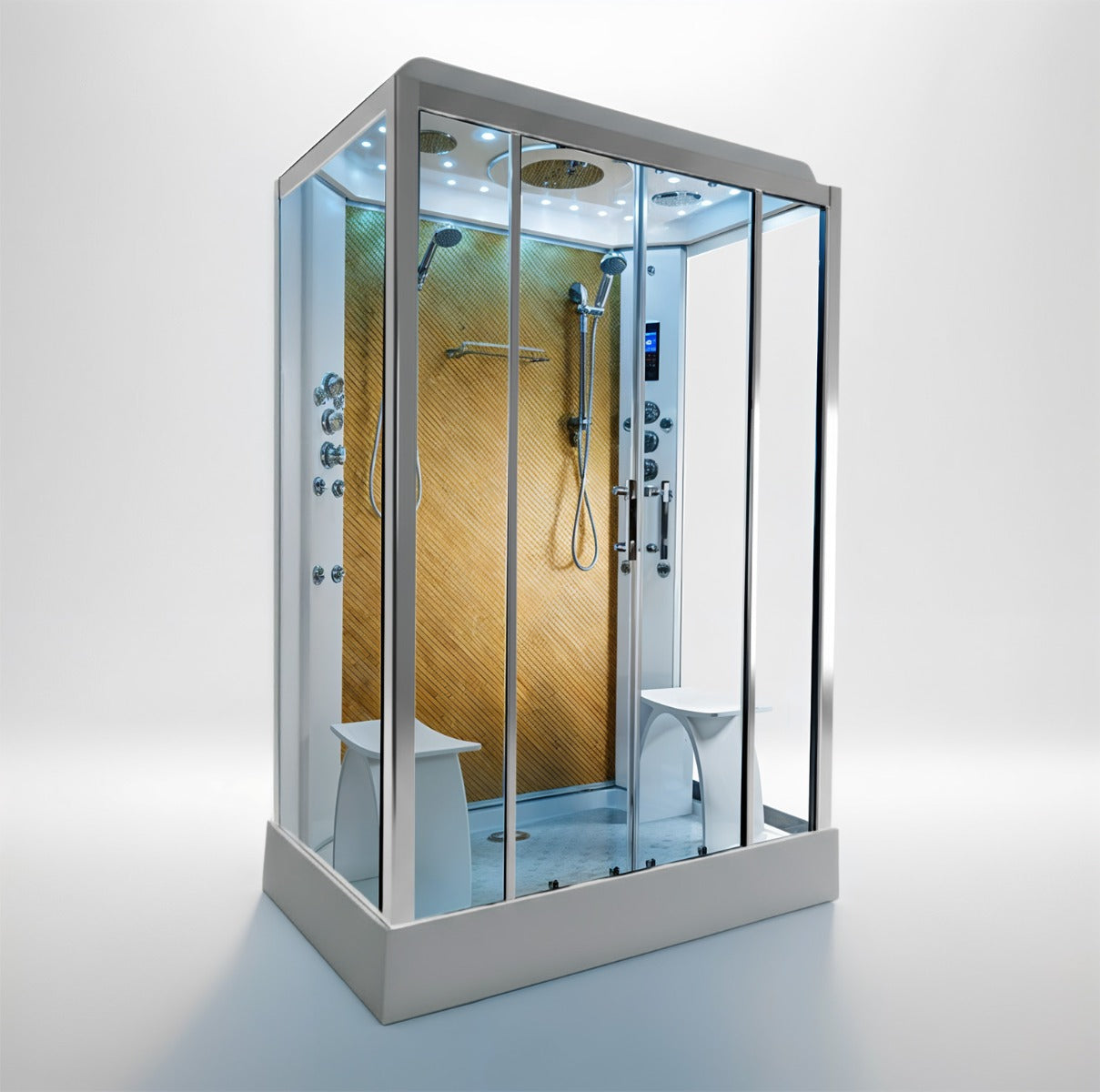 Platinum twin steam shower 1400x900mm chrome frame with gold carbon back wall