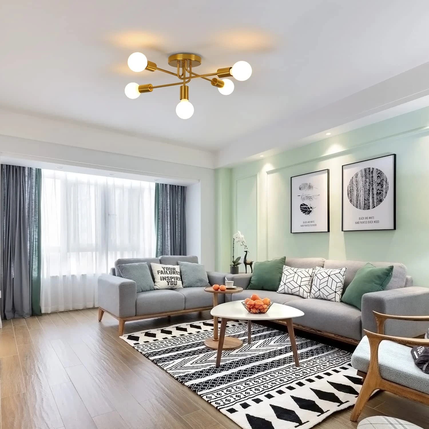 Golden Starburst Branch Chandelier – 5‑Light E27 Ceiling Light - Nuovo Luxury - 