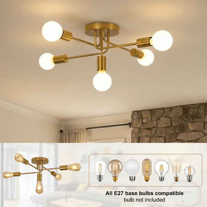 Golden Starburst Branch Chandelier – 5‑Light E27 Ceiling Light - Nuovo Luxury - 