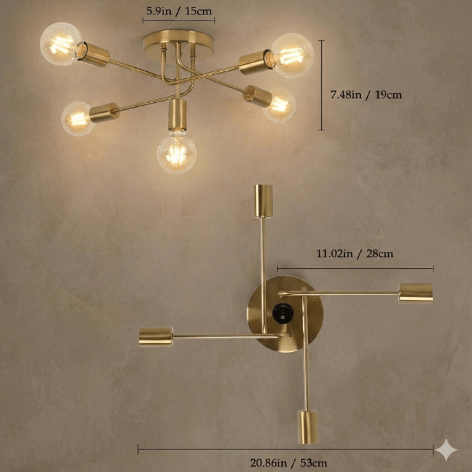Golden Starburst Branch Chandelier – 5‑Light E27 Ceiling Light - Nuovo Luxury - 