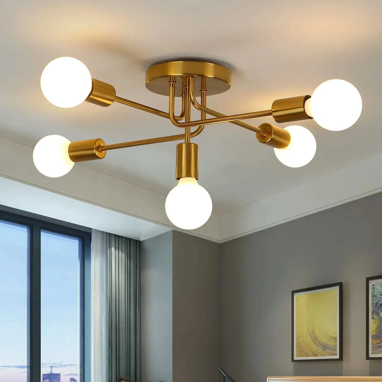 Golden Starburst Branch Chandelier – 5‑Light E27 Ceiling Light - Nuovo Luxury - 