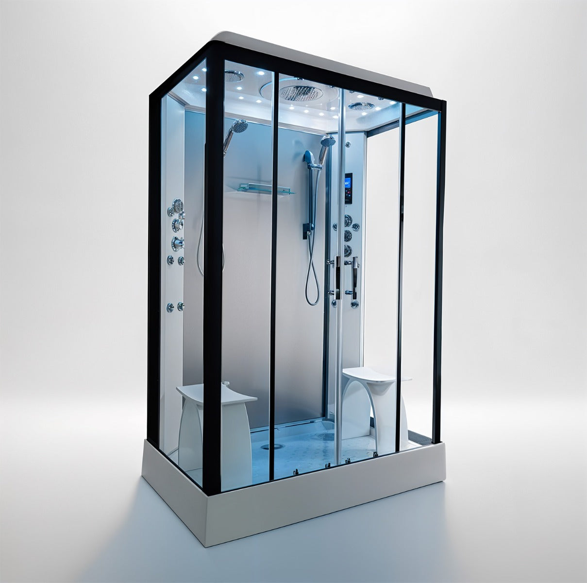 Platinum twin steam shower 1400x900mm black frame with grey matte back wall