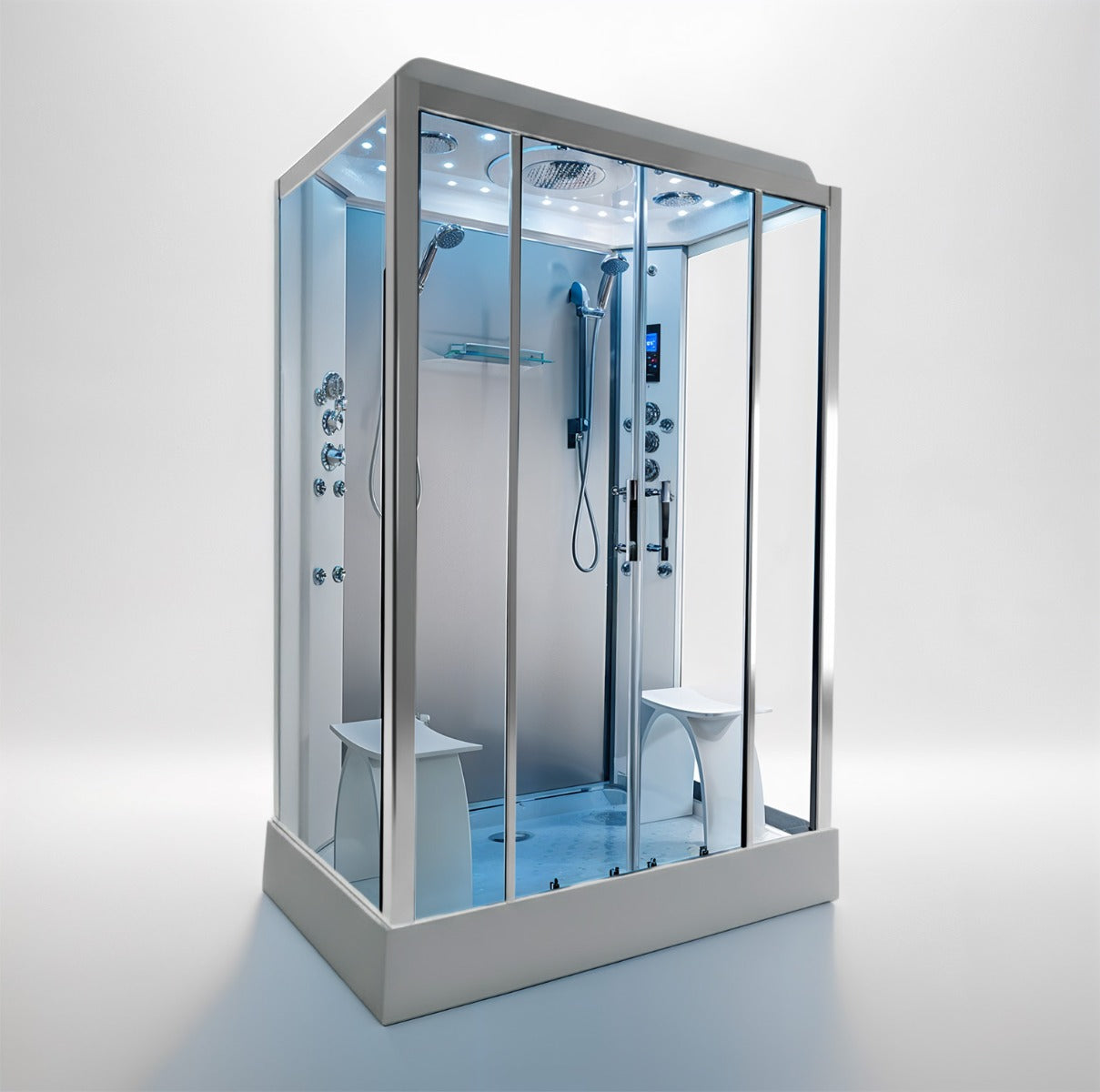 Platinum twin steam shower 1400x900mm chrome frame with grey matte back wall
