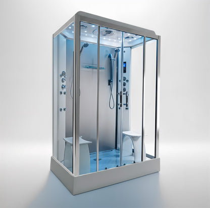 Platinum twin steam shower 1400x900mm chrome frame with grey matte back wall