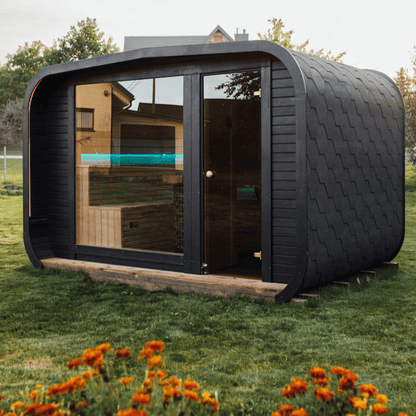 The Sanctuary outdoor Finnish sauna in thermowood with tempered glass door