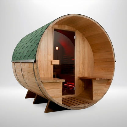 Insignia Hybrid Barrel Sauna with covered double-seated porch in premium hemlock